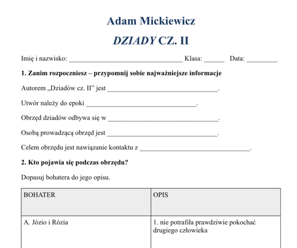 "Dziady" cz. II - karta pracy