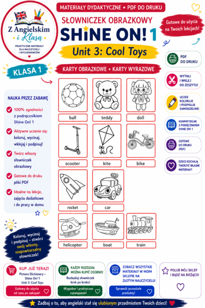 Shine On! 1 – Unit 3: Cool Toys | Karty obrazkowe i karty wyrazowe | PDF do druku