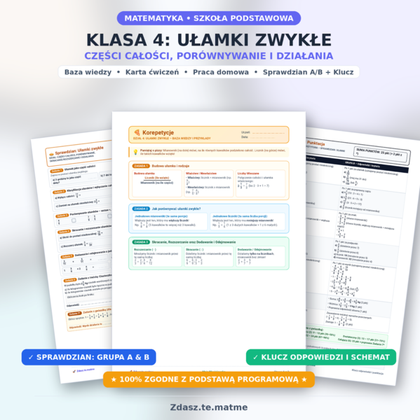 Klasa 4 Matematyka | Dział 4: Ułamki zwykłe i działania | Teoria + Zadania + Sprawdziany z kluczem