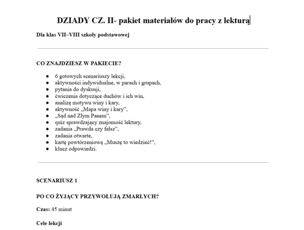 Dziady cz. II- pakiet materiałów do pracy z lekturą