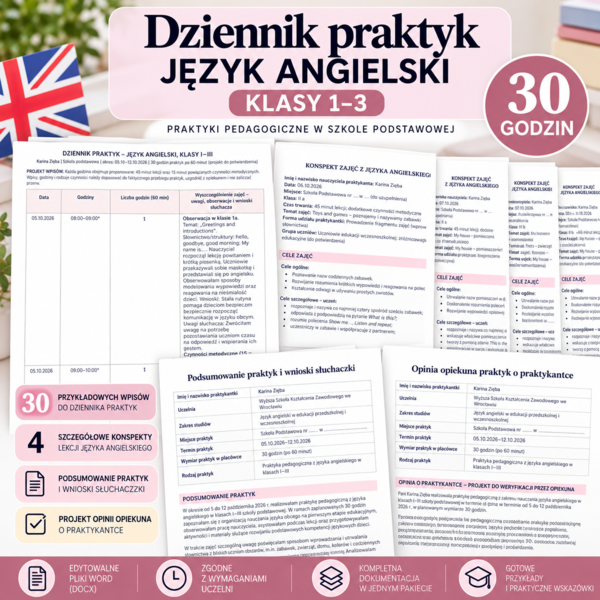 Dziennik praktyk język angielski klasy 1–3 30 godzin