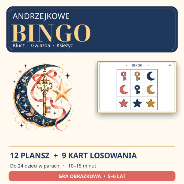 Andrzejkowe Bingo – Klucz, Gwiazda, Księżyc | 12 plansz i 9 kart | Przedszkole 5–6 lat