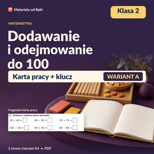 Dodawanie i odejmowanie w zakresie 100 - karta pracy z kluczem | Matematyka, klasa 2 | Wariant A
