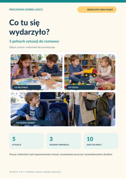 Co tu się wydarzyło? DEMO – 5 darmowych sytuacji społecznych | Rewalidacja, emocje, TUS