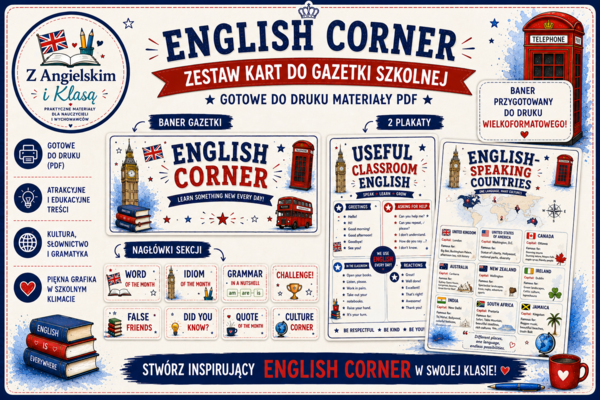 English Corner – baza gazetki szkolnej | Dekoracja pracowni języka angielskiego | PDF
