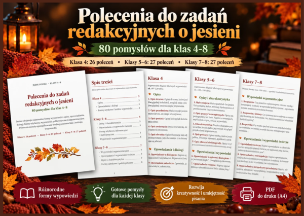 Bank poleceń do zadań redakcyjnych o jesieni – 80 pomysłów dla klas 4–8