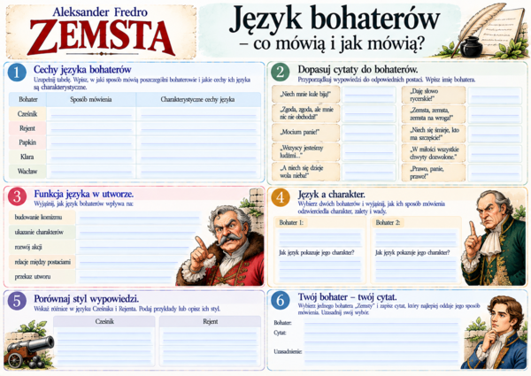 „Zemsta” Aleksandra Fredry – 14 kolorowych kart pracy | lektura | powtórzenie | PDF