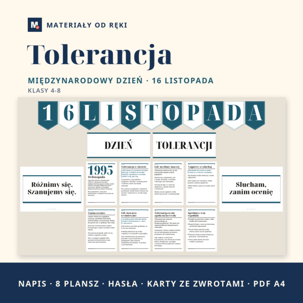 Gazetka na Międzynarodowy Dzień Tolerancji 16 listopada: napis, 8 plansz o tolerancji w szkole, hasła i karty ze zwrotami, klasy 4-8