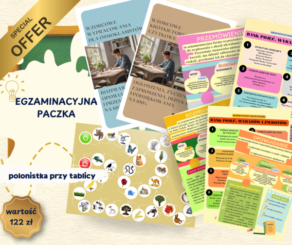 PAKIET EGZAMINACYJNY ÓSMOKLASISTY rozprawka, przemówienie, opowiadanie, zaproszenie, ogłoszenie, dedykacja, gra powtórkowa