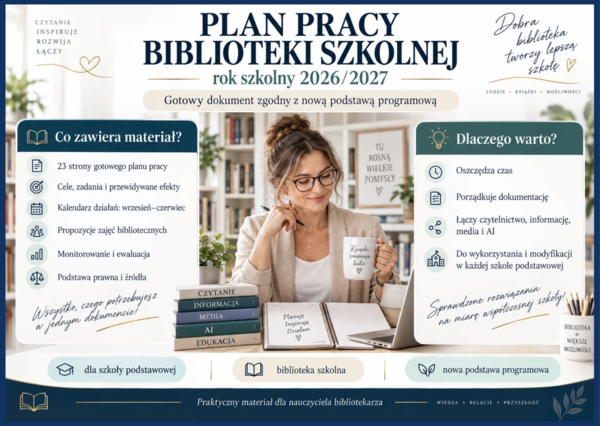 Plan pracy biblioteki szkolnej 2026/2027 – zgodny z nową podstawą programową + BONUS – bank tematów i wpisów do dziennika
