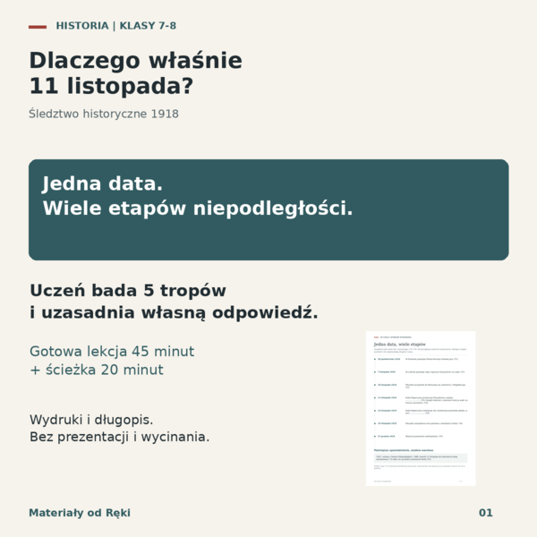11 listopada - śledztwo historyczne 1918, historia klasy 7-8, lekcja 45 minut