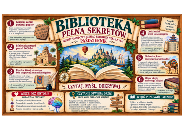 BIBLIOTEKA PEŁNA SEKRETÓW – gazetka XXL | Miesiąc Bibliotek Szkolnych | 44 strony PDF | różne rozmiary
