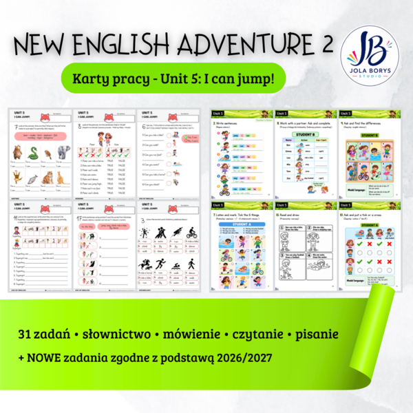 New English Adventure 2 – Unit 5: I Can Jump! – rozszerzony komplet - 31 zadań; zgodne z nową podstawą programową