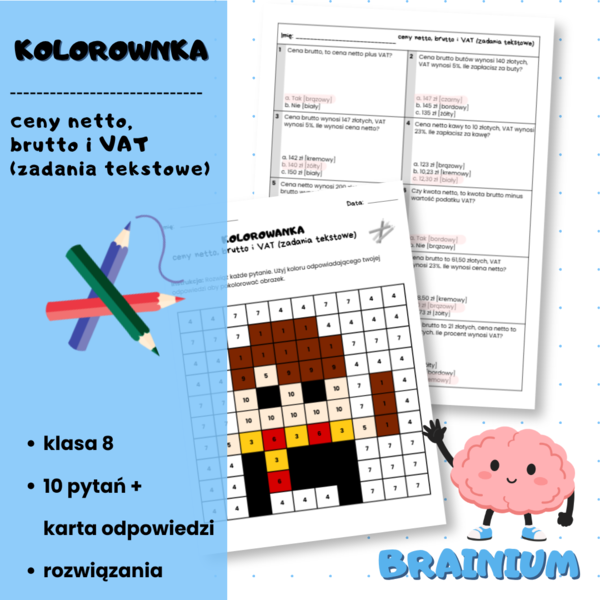 KOLOROWANKA - ceny netto, brutto i VAT (zadania tekstowe)