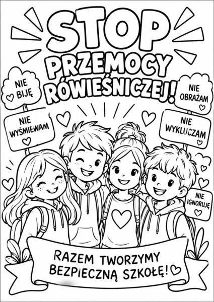 Tydzień o przeciwdziałaniu przemocy rówieśniczej - kolorowanki - na gazetkę