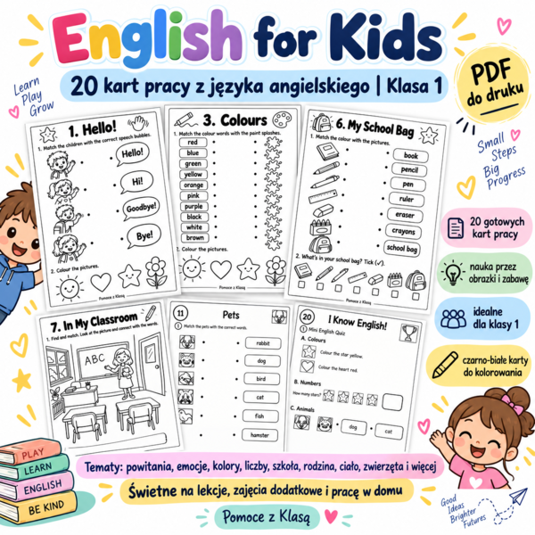„English for Kids” – 20 kart pracy z języka angielskiego - Klasa 1