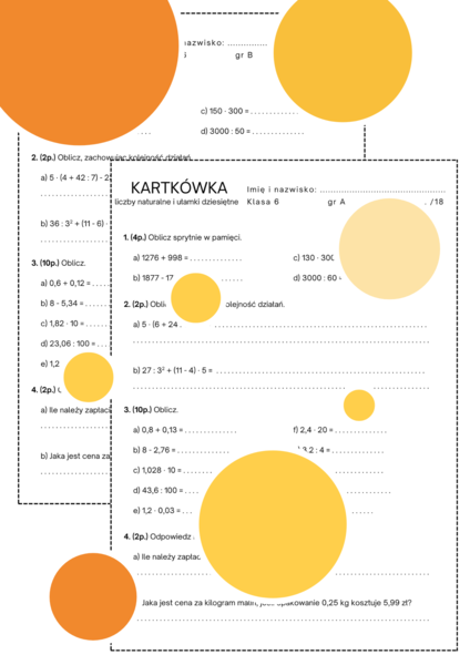 Kartkówka - działania na liczbach naturalnych i ułamkach dziesiętnych. Klasa 6. Klasa 5.