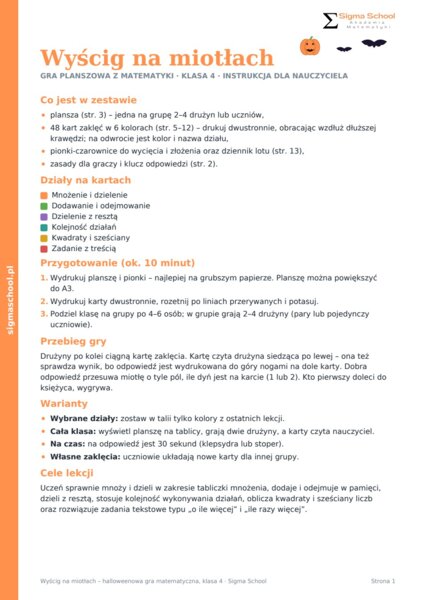 Halloween – Wyścig na miotłach – matematyka, klasa 4