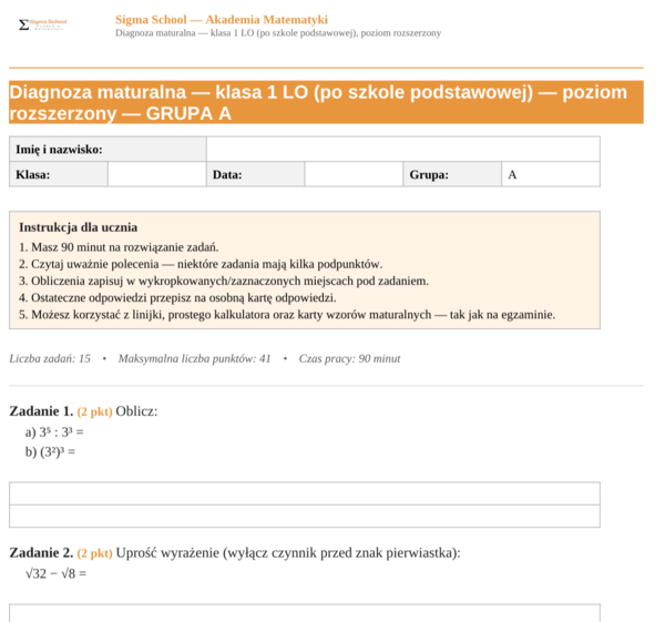 Nazwa Diagnoza z matematyki – klasa 1 LO (po szkole podstawowej)