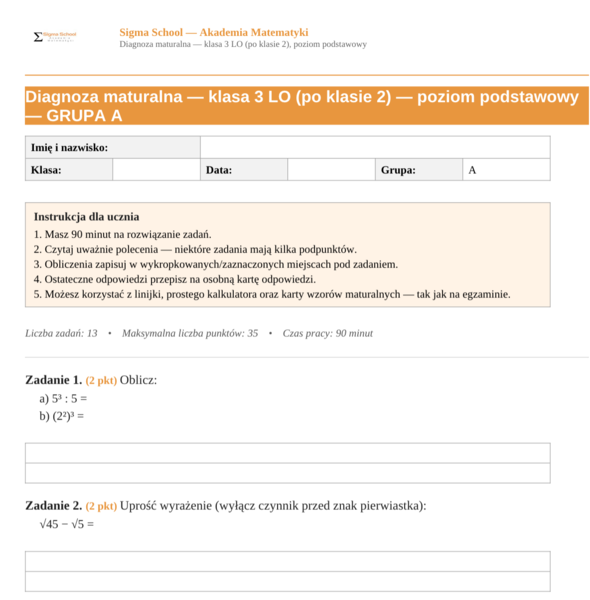 Diagnoza z matematyki – klasa 4 LO (poziom podstawowy)