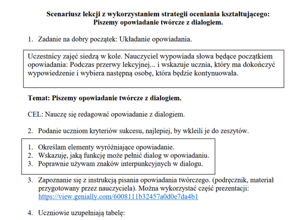 Scenariusz lekcji z wykorzystaniem strategii oceniania kształtującego: Piszemy opowiadanie twórcze z dialogiem.