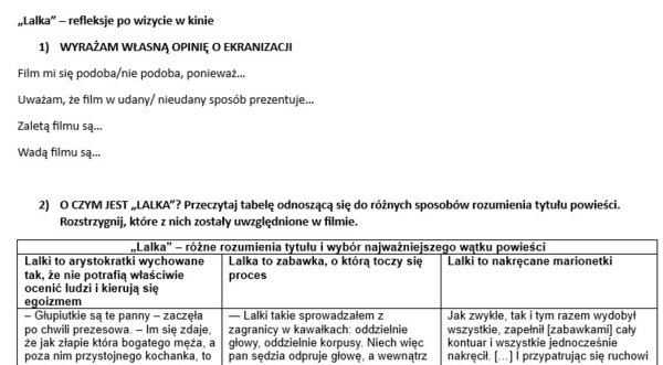 Jak wykorzystać ekranizację "Lalki" na maturze? Karta pracy (porównanie książki i filmu), konkretne przykłady pytań.