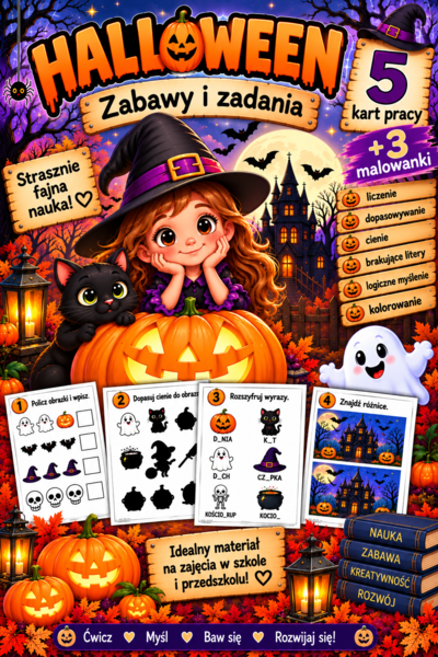 🎃 Halloween – zabawy i zadania | 5 kart pracy + 3 kolorowanki