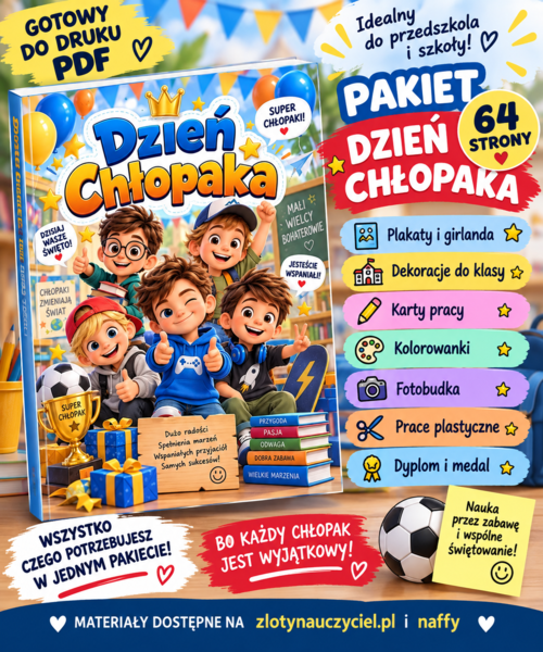 Dzień Chłopaka – pakiet 64 strony | karty pracy, dekoracje, girlanda