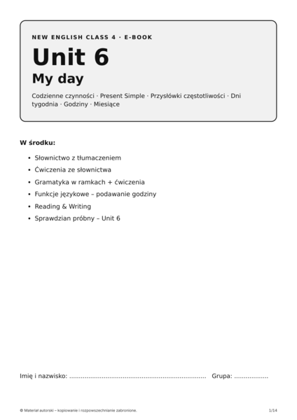 New English Class 4 – Unit 6 My day | klasa 4 | e-book 14 stron + klucz