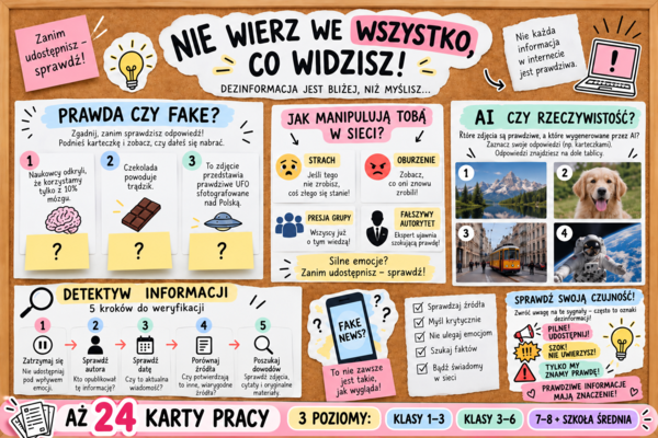 Nie wierz we wszystko, co widzisz! – Fake news, AI i dezinformacja  Gazetka + 24 karty pracy Klasy 1–8 i szkoła średnia