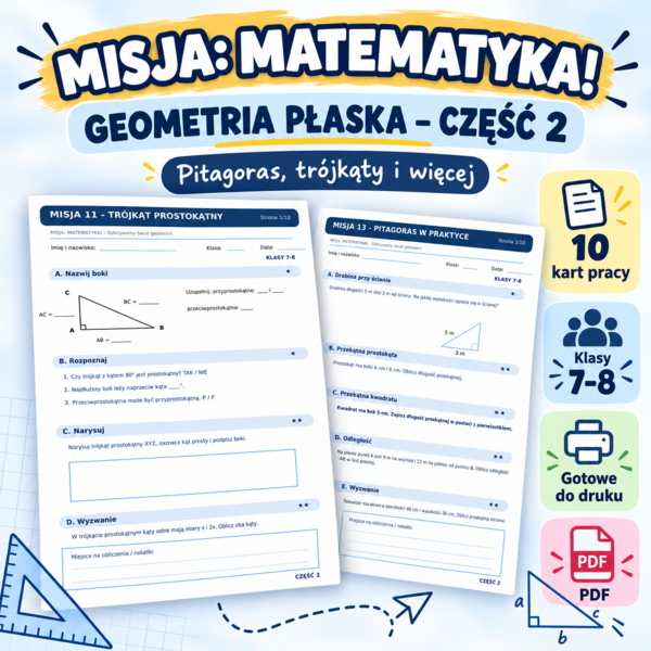 MISJA: MATEMATYKA! – Geometria płaska – Część 2 | Pitagoras, koło, współrzędne i symetria | Klasy 4–8