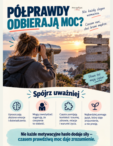 Półprawdy, slogany odbierające moc, motywacja, poppsychologiczne hasła, gazetka, plakaty