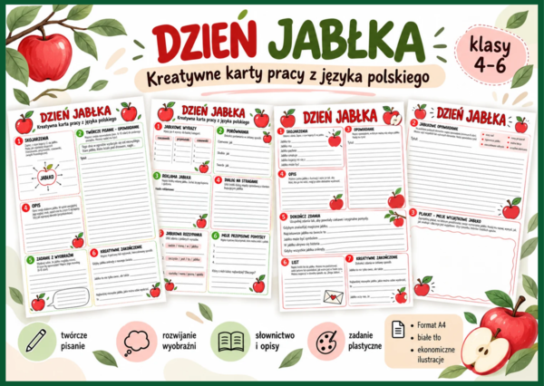 🍎 Dzień Jabłka – 4 kreatywne karty pracy z języka polskiego dla klas 4–6