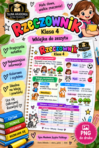Rzeczownik – wklejka do zeszytu | Klasa 4 | Tajna Akademia Języka Polskiego | PNG