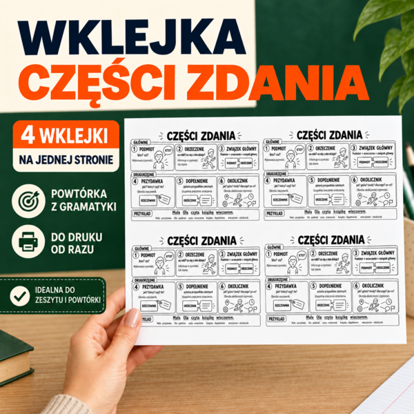 Części zdania - wklejki do zeszytu | PDF i Word | egzamin ósmoklasisty, język polski, podmiot, orzeczenie, przydawka, okolicznik, dopełnienie