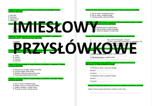 Imiesłowy przysłówkowe - karta pracy / test / kartkówka klasa VII-VIII