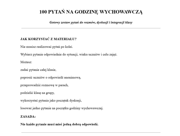 100 pytań na godzinę wychowawczą