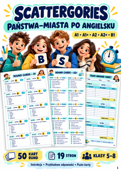 GRA Scattergories – Państwa–Miasta po angielsku | 50 rund | A1–B1 | klasy 5–8