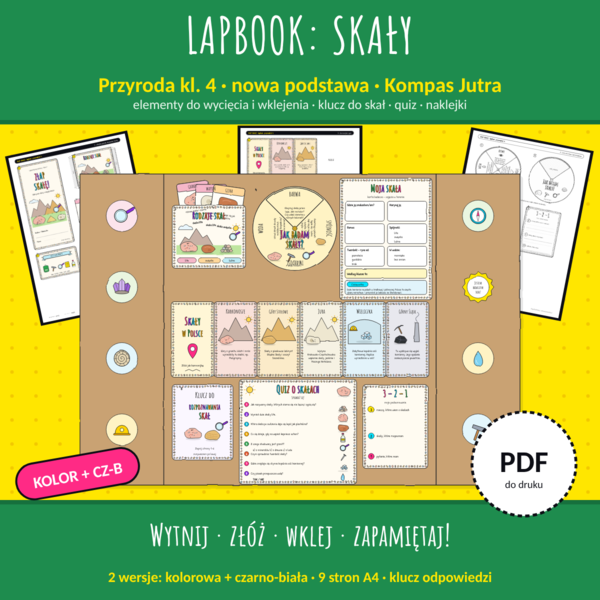 Moja okolica: Lapbook „Skały” – przyroda kl. 4, nowa podstawa 2026 | elementy do wycięcia i wklejenia | wersja kolorowa i czarno-biała