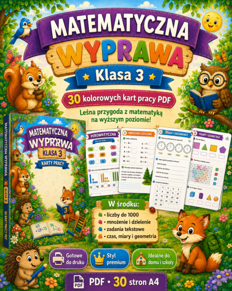 MATEMATYCZNA WYPRAWA – KLASA 3  🚀 Kolorowe karty pracy PDF