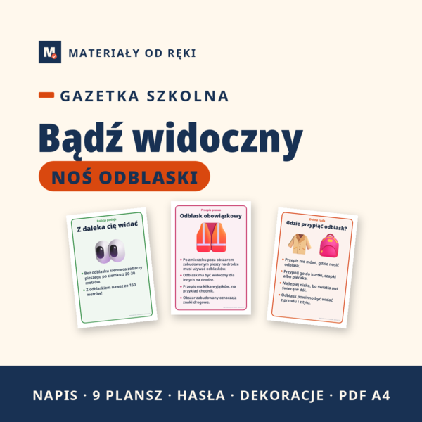 Gazetka Bądź widoczny, noś odblaski: napis, 9 plansz o odblaskach, przepisach dla pieszych i bezpiecznej drodze do szkoły, hasła i dekoracje, klasy 1-3