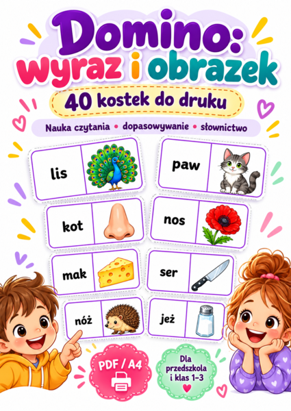 Domino: wyraz i obrazek – 40 kostek do druku