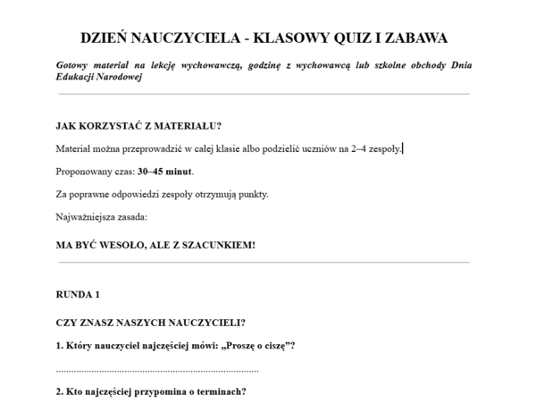Dzień nauczyciela- klasowy quiz i zabawa