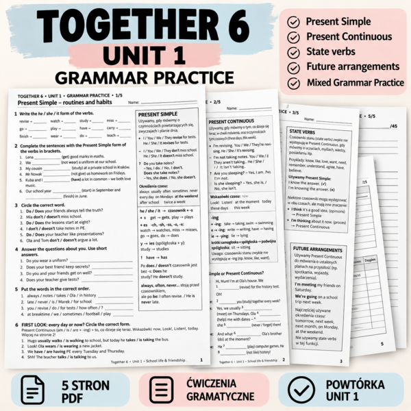 Together 6 – Unit 1 Grammar Practice | Present Simple & Present Continuous | klasa 6
