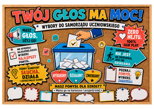 TWÓJ GŁOS MA MOC! – wybory do Samorządu Uczniowskiego | wielkoformatowa gazetka szkolna + element interaktywny | 36 stron PDF