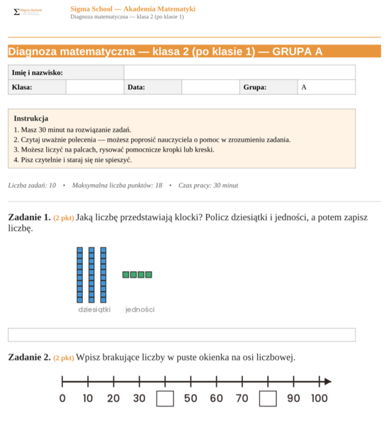Diagnoza matematyczna – klasa 2 (po klasie 1)