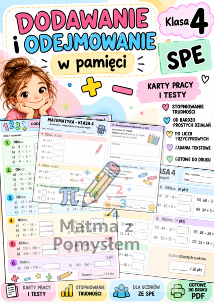 Dodawanie i odejmowanie w pamięci – klasa 4 SPE | Karty pracy/testy o stopniowanym poziomie trudności I 3 strony