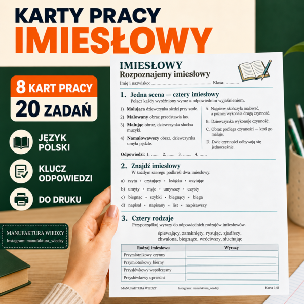 Imiesłowy karty pracy – 8 kart pracy, 20 zadań i klucz odpowiedzi | egzamin ósmoklasisty, klasa 7, klasa 8