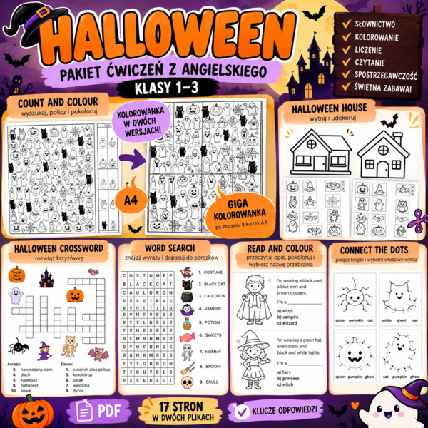 HALLOWEEN – pakiet ćwiczeń dla klas 1–3 | GIGA kolorowanka + karty pracy