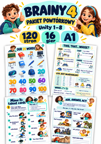 Brainy 4 – pakiet powtórkowy Unit 1–8 | 120 stron, sketchnotki, karty pracy i 16 gier | A1